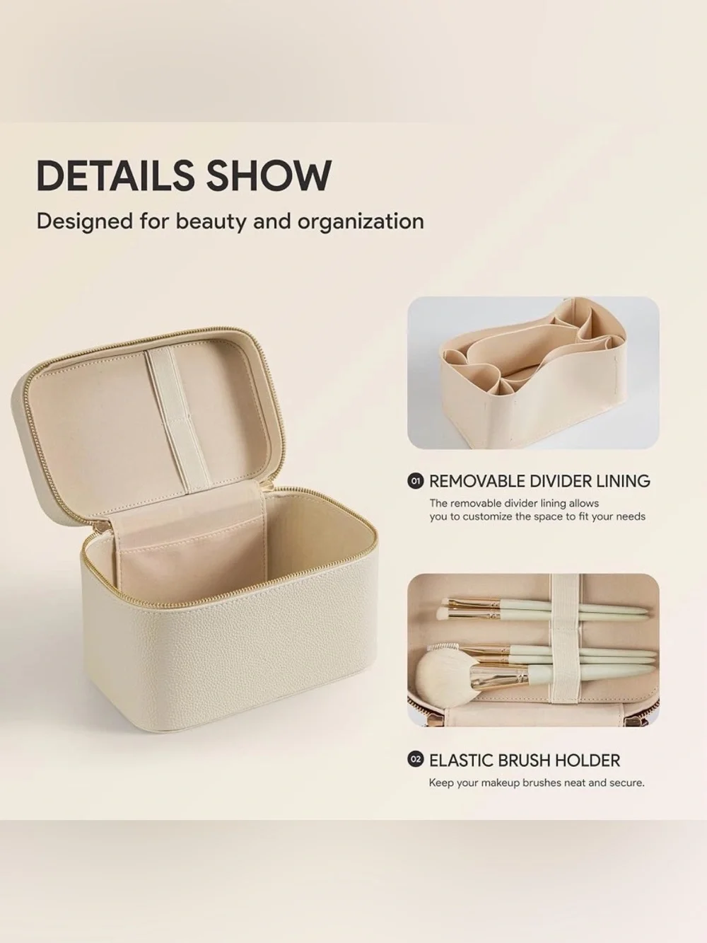 Travel Makeup Case - Compact Cosmetic Organizer - Cream